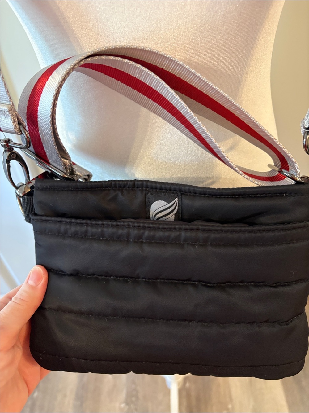 Think Royln Black Quilted Crossbody Bag with Red & Grey Long & Short GuitarStrap - Picture 3 of 11